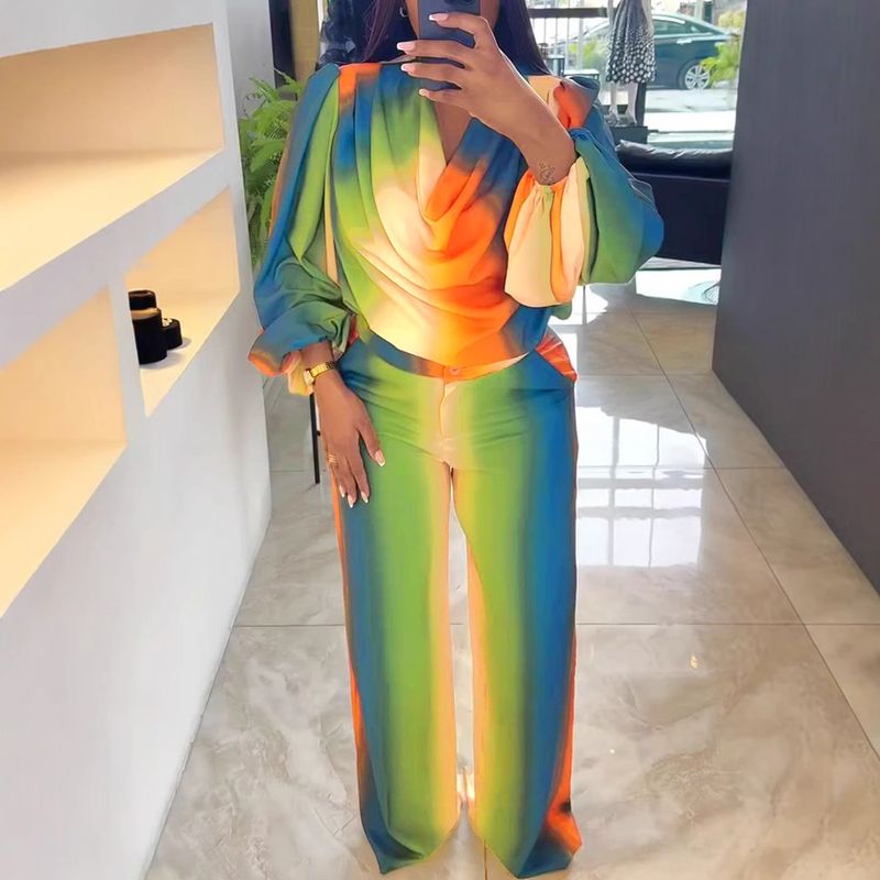 Women's Clothing Printed Swing Collar Wide Leg Pants Suit_voghion.com