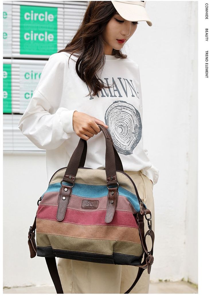 Canvas Contrast Color Women's Handbag Shoulder_voghion.com