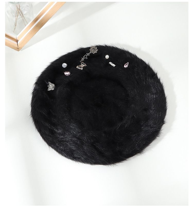 2024 Autumn/winter New Rabbit Hair Butterfly Rose Water Diamond Combination White Girls' Hat Warm Beret_voghion.com