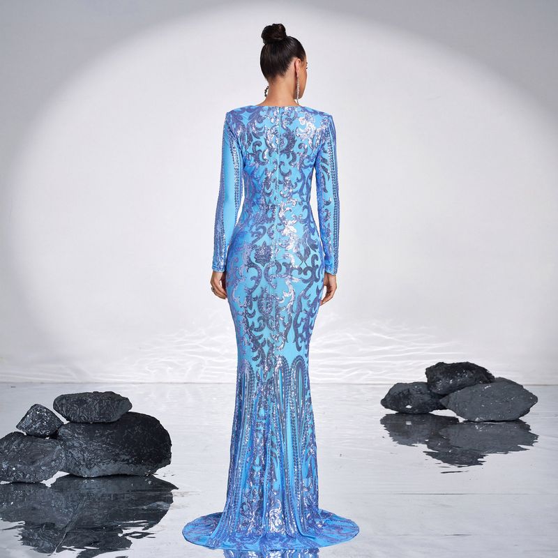 Damenbekleidung High-End Langarm Temperament Rundhalsausschnitt Sexy Lange Pailletten Bankett Abendkleid Brautjungfernkleid_voghion.com