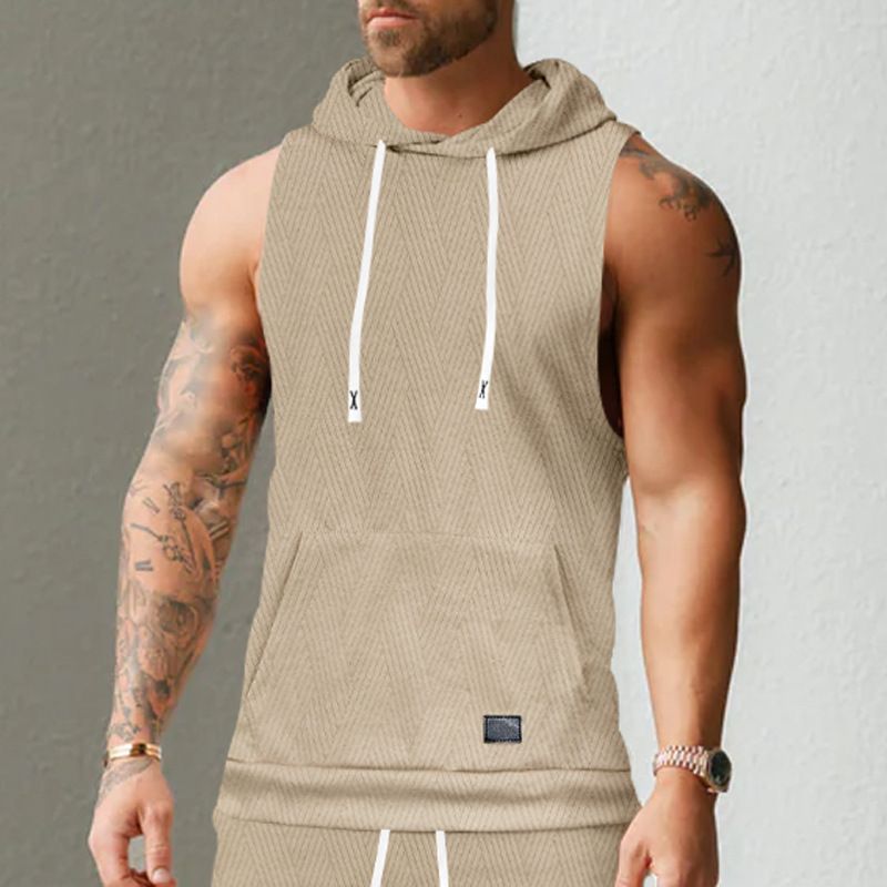 Felpa con cappuccio in maglia jacquard casual da uomo, senza maniche, con tasca applicata e coulisse_voghion.com
