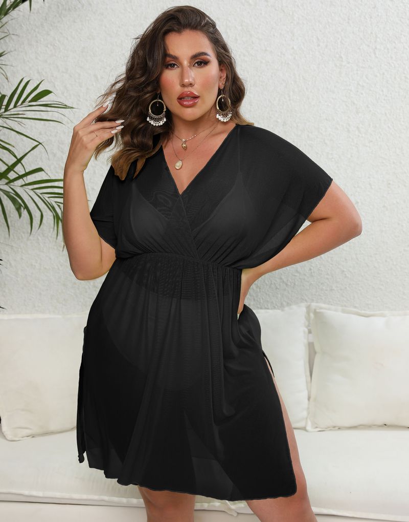Oversize Women's Sexy Perspective Mesh Skirt Deep V Split Waist Beach Dress_voghion.com