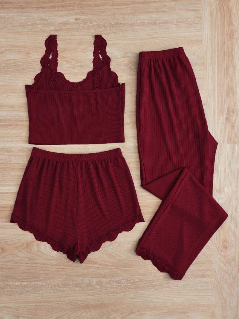 ChicShe Dreiteiler-Set aus europäischem und amerikanischem Cross-Border-Trade-Spitzenbesatz, gerippter Weste und langer Hose, schmal geschnitten_voghion.com