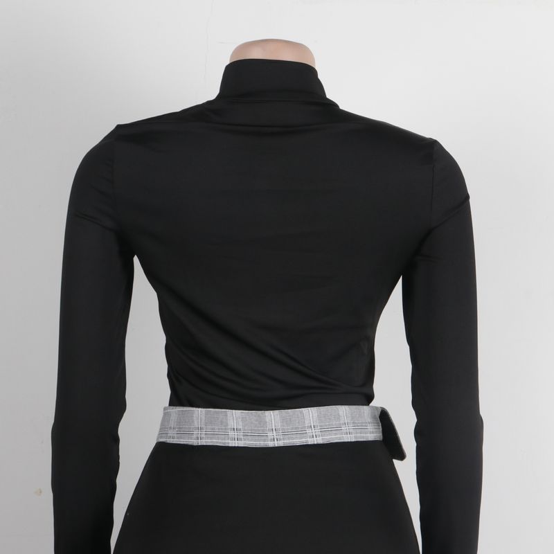 Abbigliamento da donna Slim Fit Maniche lunghe Piccolo collo alto Plaid Split Midi Gonna Set due pezzi_voghion.com