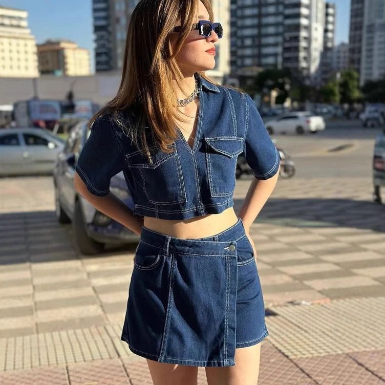 Workwear Denim Skirt Pants For Women Summer V-neck Short-sleeved Tops Hot Girl High Waist Irregular Suit_voghion.com