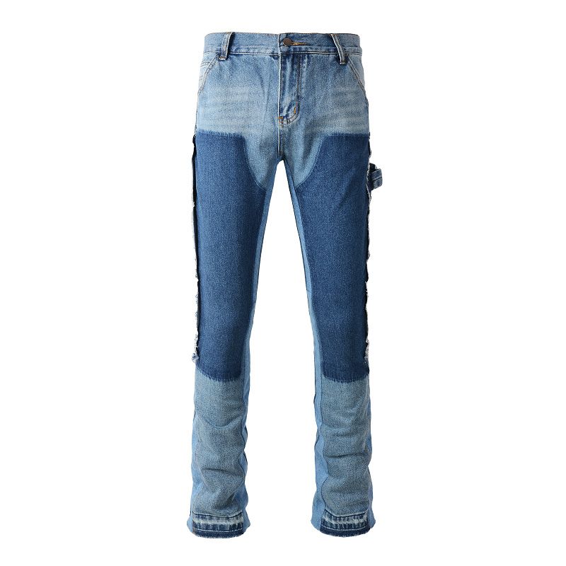 Men's Clothing men's patchwork contrast color distressed slightly flared washed jeans flared jeans_voghion.com