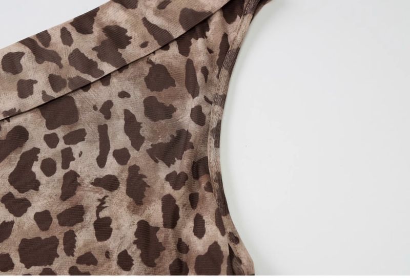 Shemodains Style, canotta corta attillata con stampa leopardata a doppio strato, monospalla, scollo all'americana, nastro, per donna_voghion.com