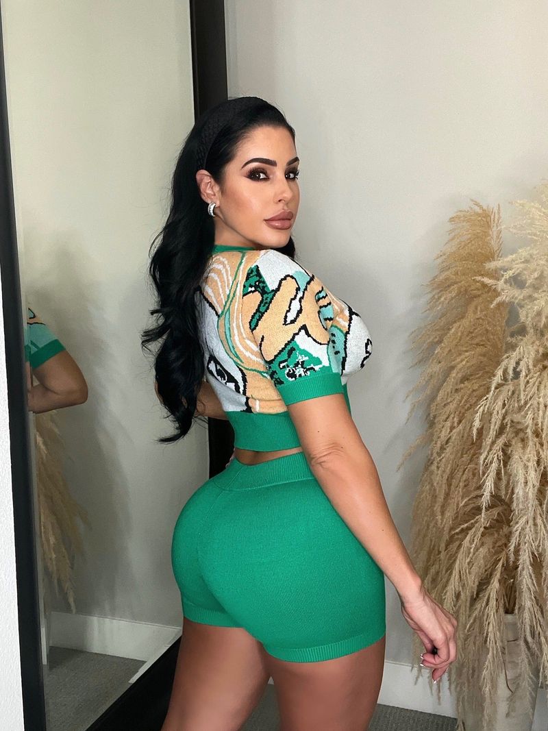 Women's Clothing Summer Printed Heart Shaped Collar Slim Sports Casual Suit_voghion.com