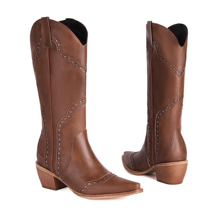 【Vorverkauf | Versand in 15 Tagen】 Westernstiefel mit Nieten und spitzen Ohren, hohe, klobige Absätze, modische Slip-on-Stiefel für Damen in Übergröße mit halbhoher Wadenhöhe_voghion.com