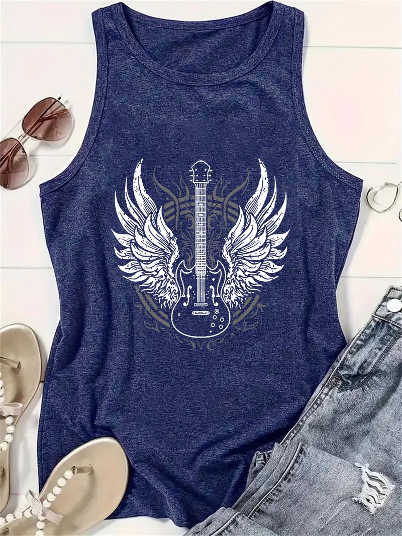 Maglione girocollo con stampa di chitarra da donna, casual, senza maniche_voghion.com