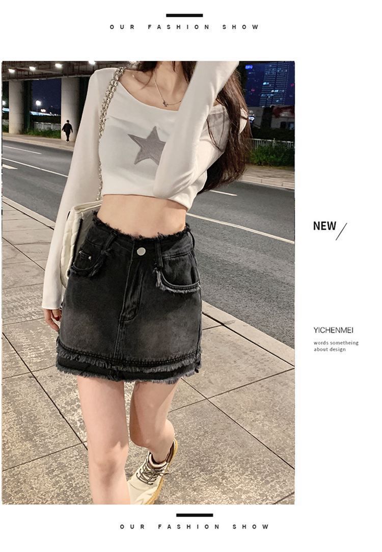 Kot etek yarım boy etek A kesim kısa etek kadın yaz 2023 yeni yüksek bel kalça etek A kesim etek pantolon etek etek ilkbahar ve sonbahar_voghion.com