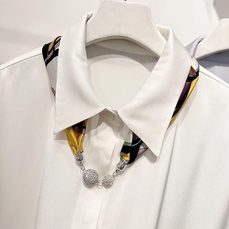 Camicia da donna estiva sottile con risvolto, in chiffon, a maniche corte, con decorazione in seta e sciarpa, stile temperamento_voghion.com