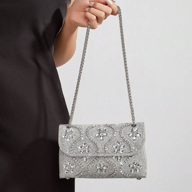Borse da sera con fiori, tracolla a catena, borsa a tracolla quadrata, pochette con cristalli e strass_voghion.com