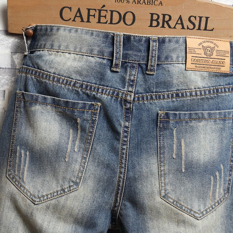 Herren-Jeans-Shorts, Retro-zerrissene, schmale, verkürzte Herren-Patch-Hose_voghion.com