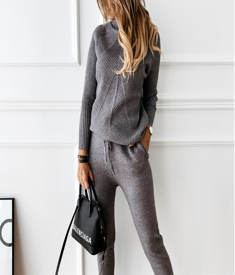 Γυναικεία ρούχα Turtleneck μονόχρωμη μοντέρνα μπλούζα + παντελόνι και πουλόβερ για γυναίκες_voghion.com