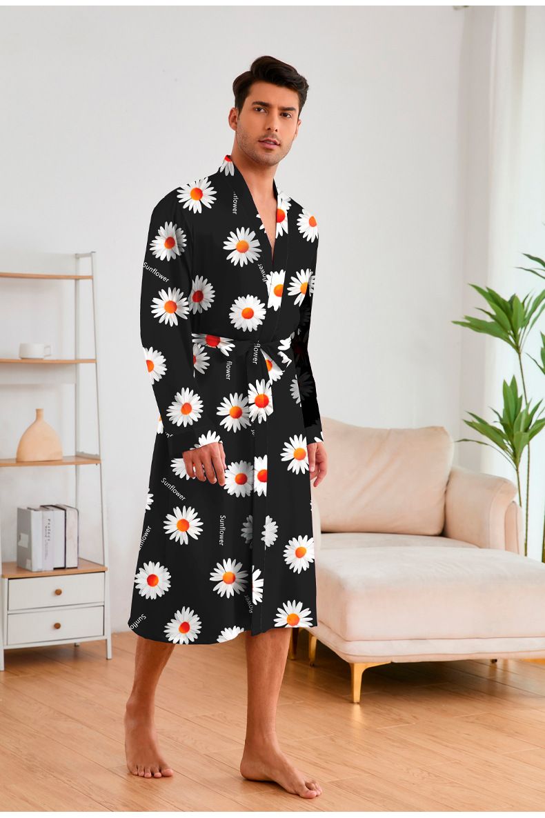Summer And Autumn Printed Men's Nightgown Shorts Set Ice Silk Bathrobe Loungewear_voghion.com