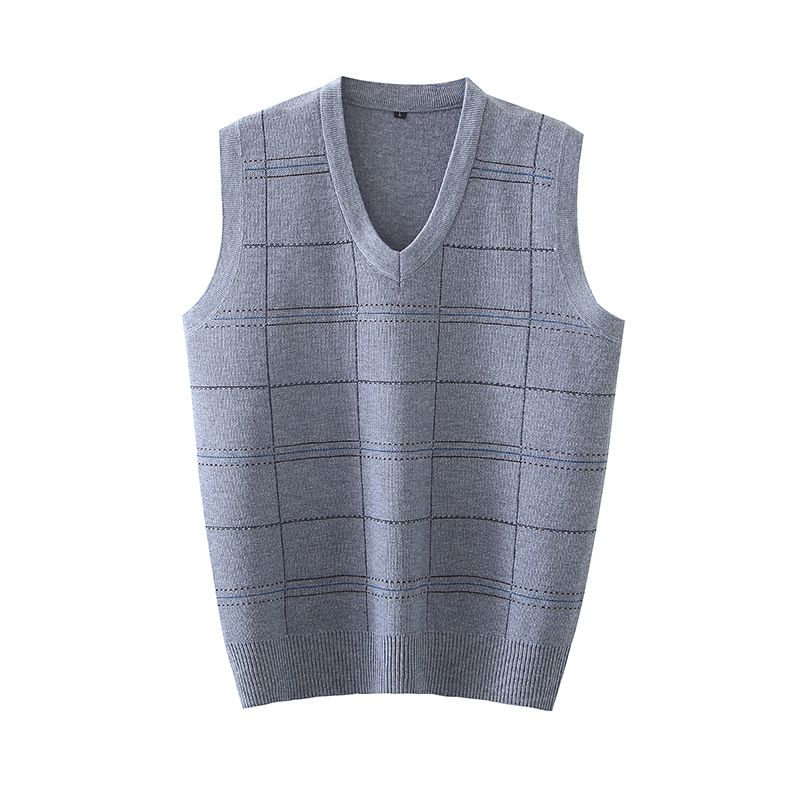 Herrenbekleidung Eine Generation von karierten Westen für Herren im Frühjahr und Herbst, lockerer V-Ausschnitt, Ärmel hinten, ärmellose Weste mittleren Alters, Jacquardpullover mit V-Ausschnitt_voghion.com