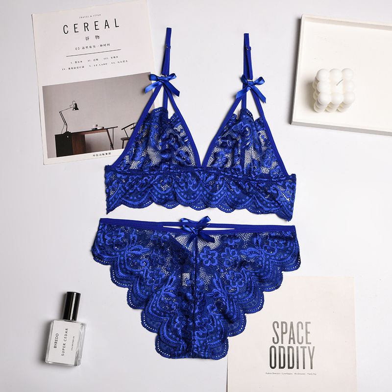 Women's Intimates New Bow Deep V Jacquard Two Piece Sexy Lingerie_voghion.com