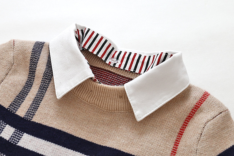 Herfst kinderkleding jongens geruite jacquard trui kinderen afneembare kraag nep tweedelige kerngesponnen garen trui trui_voghion.com