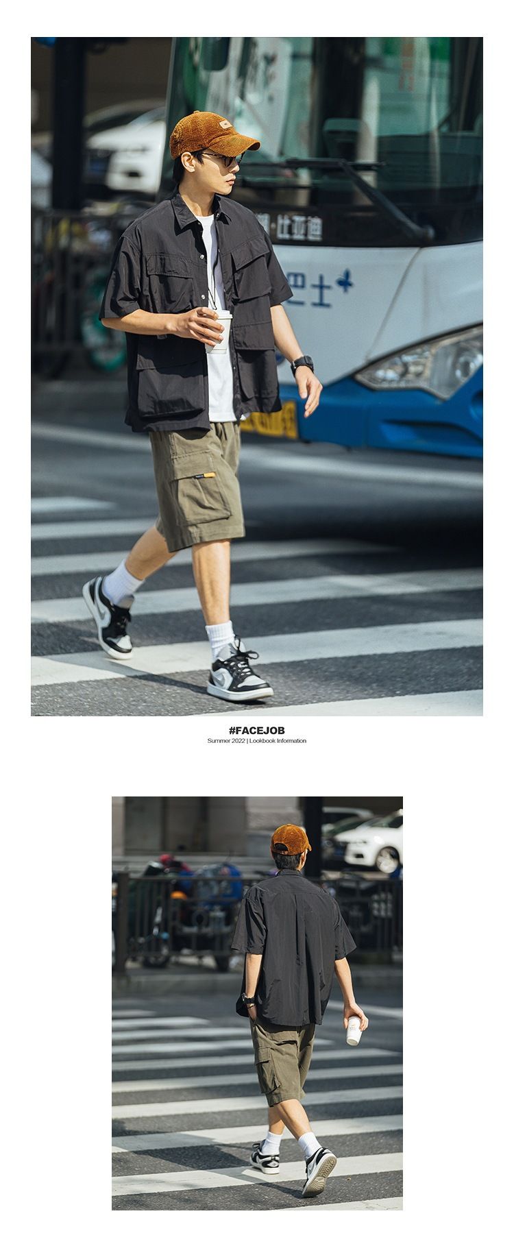 Herren Sommer Trendy Loose Black Große Tasche Casual Kurzarm Hemdjacke_voghion.com