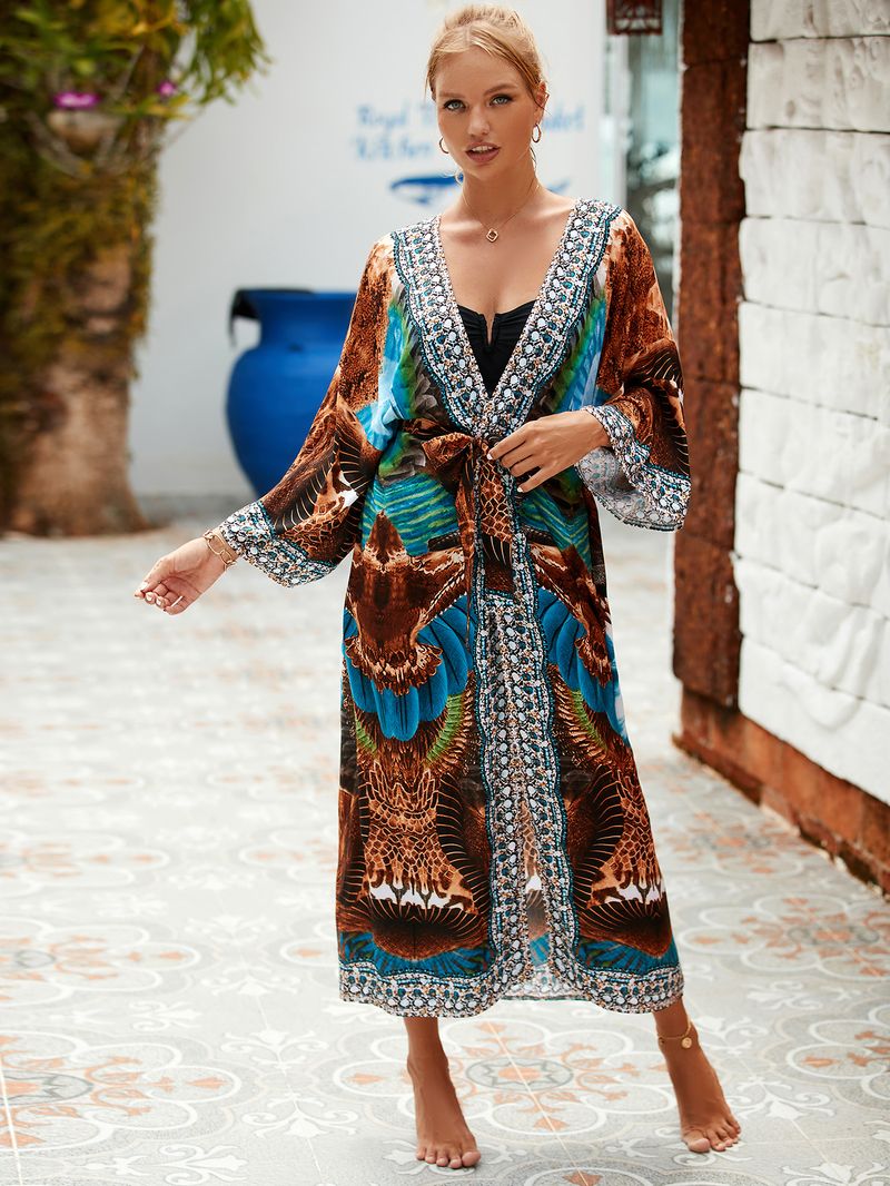 Women's Beach cover-up rayon positioning printed cardigan holiday sun protection shirt _voghion.com