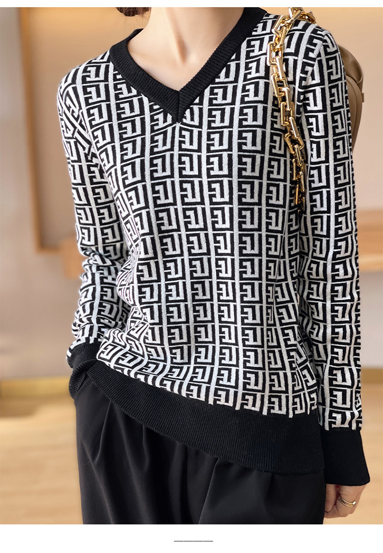 Top a maniche lunghe con base lavorata a maglia in lana con scollo a V alla moda da donna_voghion.com