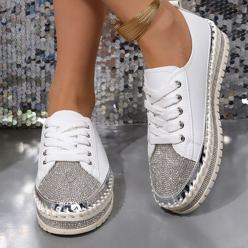 Scarpe piccole bianche con strass autunno nuovo tondo testa spessa fondo muffin mocassini scarpe lacci delle scarpe_voghion.com