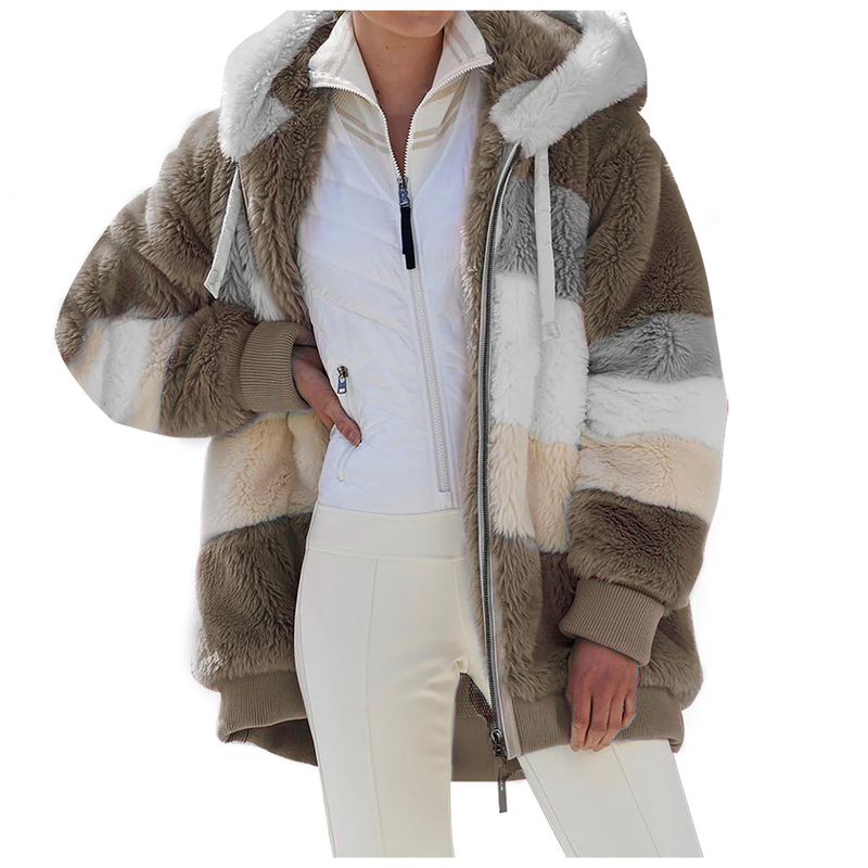 Kadınlar için sıcak peluş patchwork fermuarlı cepli kapşonlu bol ceket_voghion.com