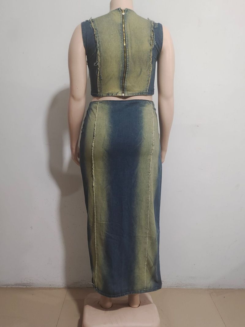 Dameskleding Dames Denim Pakken Dameskleding Trend Persoonlijkheid Handgedragen Vest Split Denim Rok_voghion.com