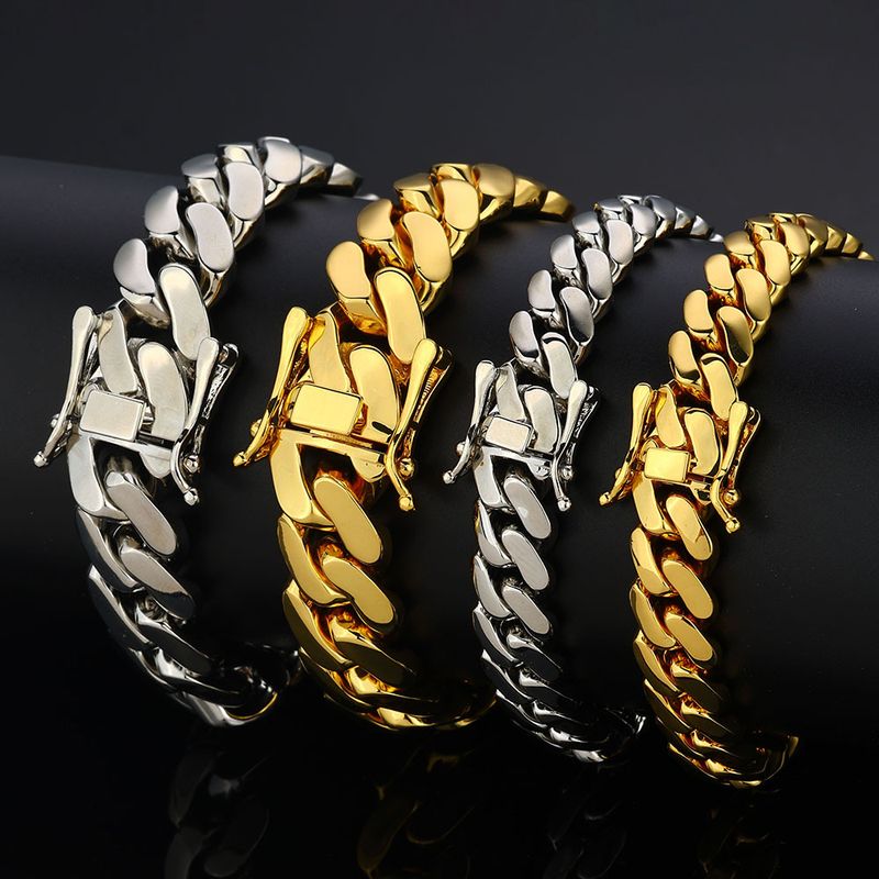 Set di collana e bracciale con catena a maglie cubane da uomo, stile hip hop, in ottone placcato oro e argento, lunghezza regolabile per uomo e donna._voghion.com