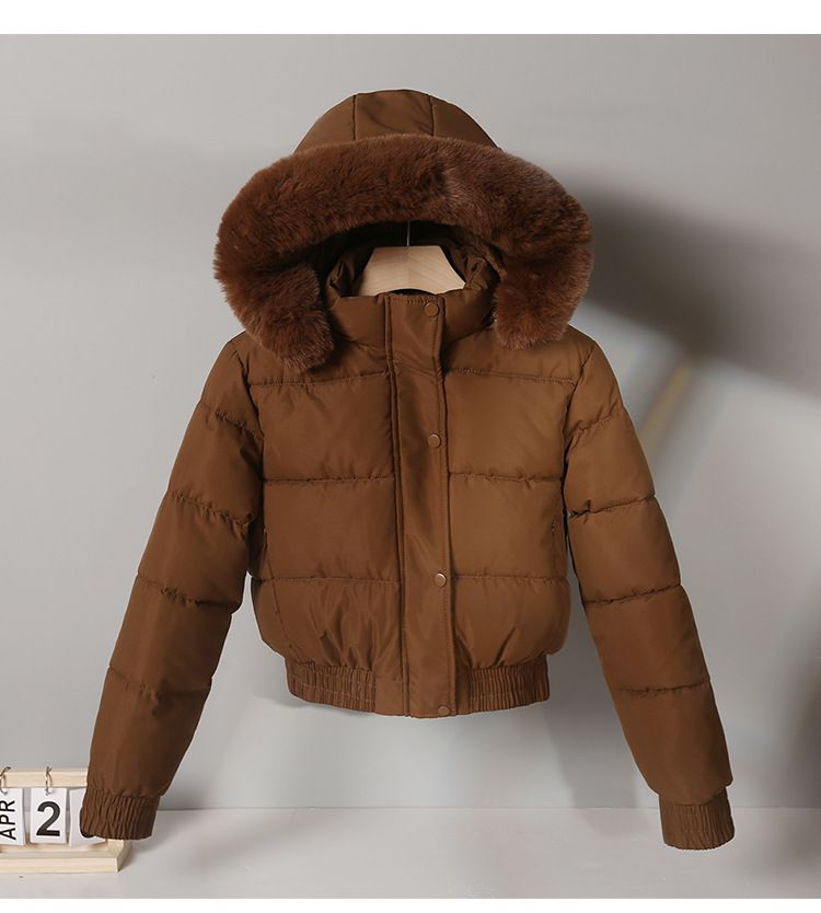 Piumino corto da donna con cappuccio e bordo in pelliccia sintetica - Caldo cappotto invernale foderato in pile per capispalla casual e di piccola taglia, nei colori nero/beige/kaki/marrone_voghion.com
