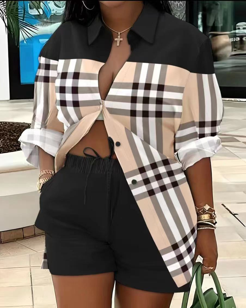 Women's Printed Suit Lapel Shirt Shorts Two-piece Set Long-sleeved Printed Button Lace-up Shorts Two-piece Set_voghion.com