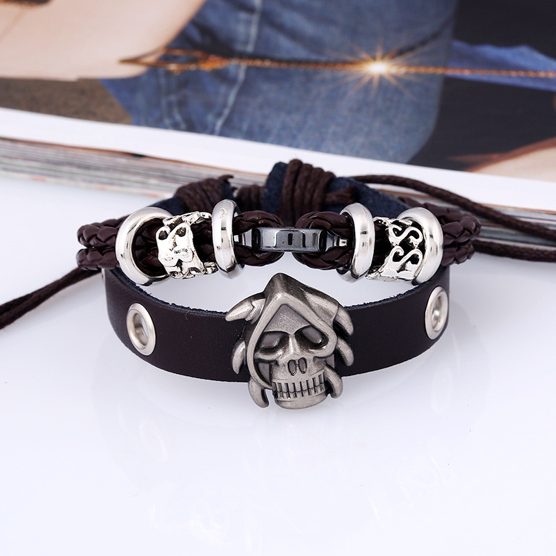 Vintage retro klinknagel punk cool hiphop accessoire armband handgemaakte koeienhuid schedel skelet Viking manchet gevlochten armbanden_voghion.com