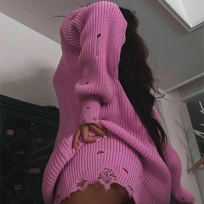 Pull ample à manches longues et col en V pour femme, couleur unie, déchiré, mi-long, épais, aiguille_voghion.com