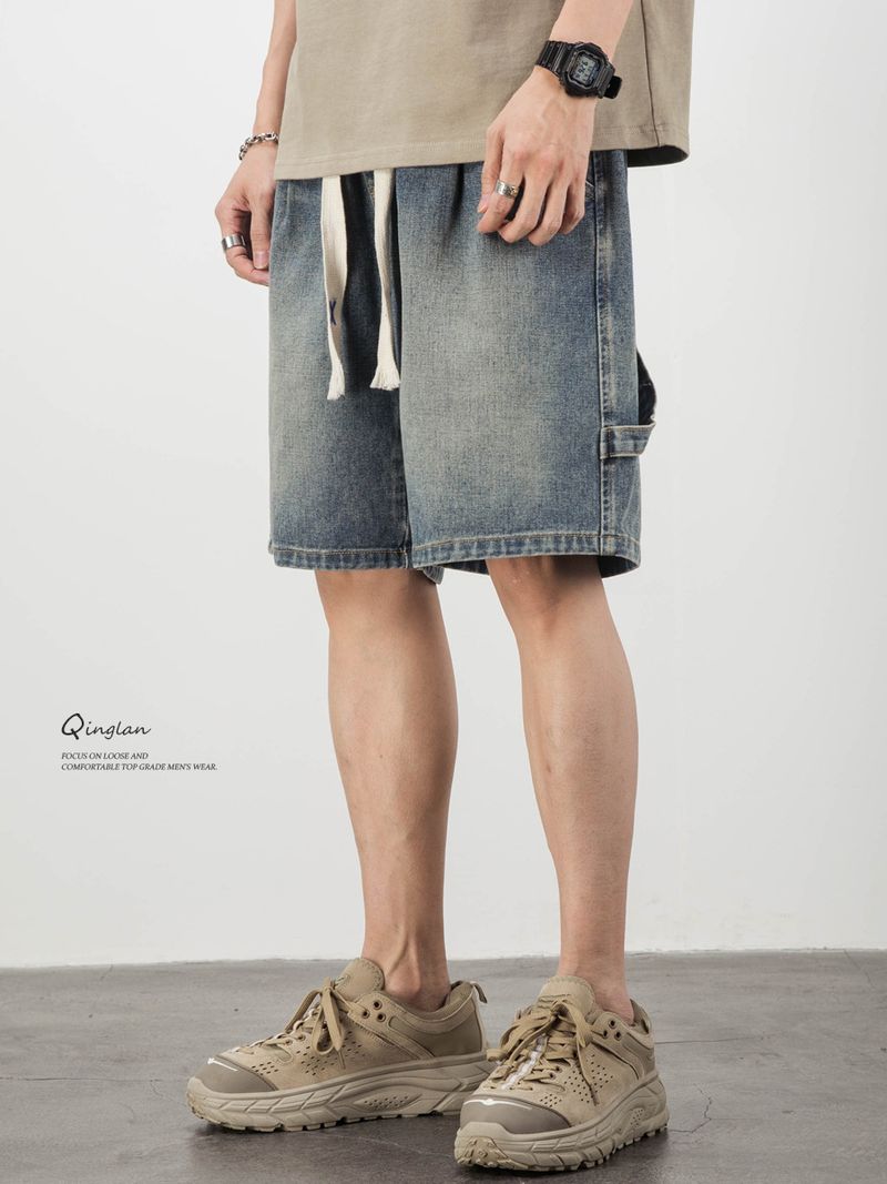 Men’s Distressed Denim Shorts – Retro Washed Elastic Waist 5-Inch Inseam, Loose Fit Streetwear For Summer (Light Blue, Sizes M-3XL)_voghion.com