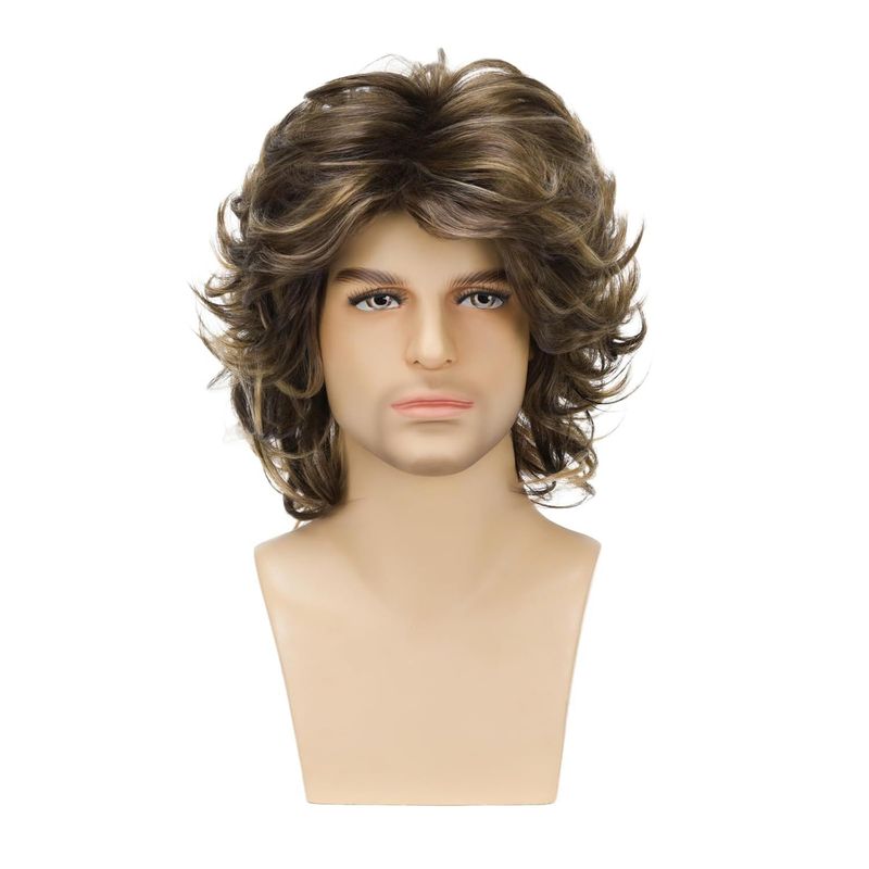 Herrenperücke, mittellang, lockiges Haar, Wolllocken, braun, gemischte Farbe, Chemiefaser_voghion.com