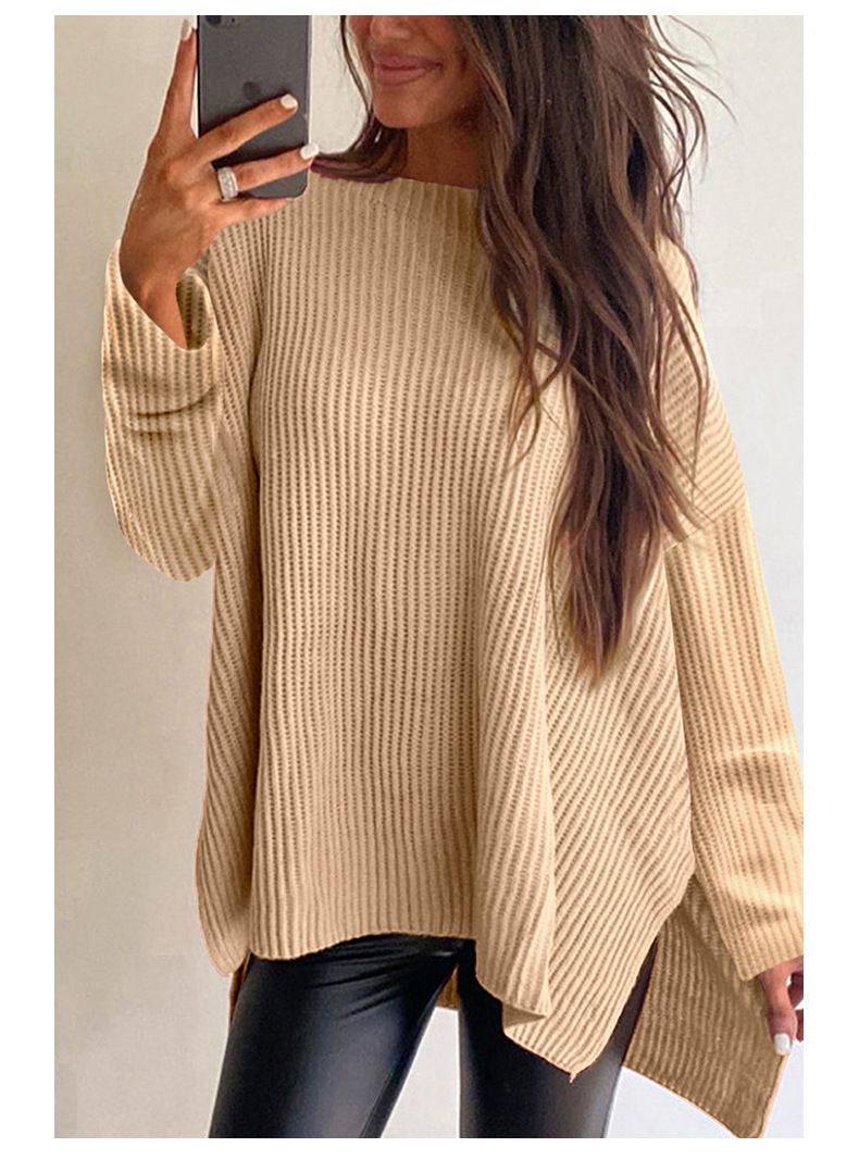 Autumn new solid color sweater women, loose oversized, slit long sleeved top for women_voghion.com