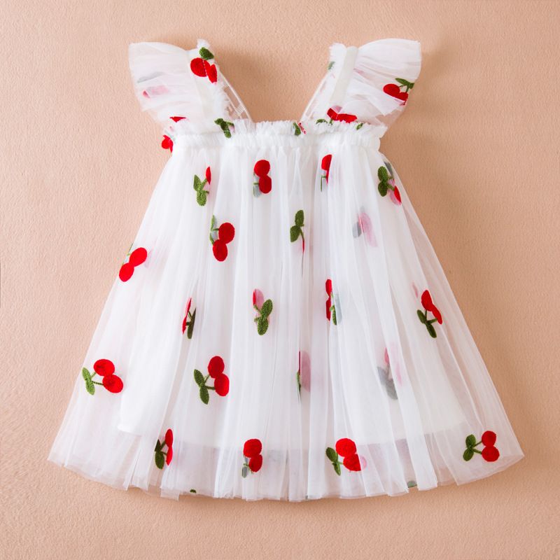 Kinderkleidung Mädchenkleid mit fliegenden Ärmeln und dreidimensionalen Flügeln im Sommerstil, gepunkteter Netzrock für Babymädchen, bauschiger Prinzessinnenrock_voghion.com
