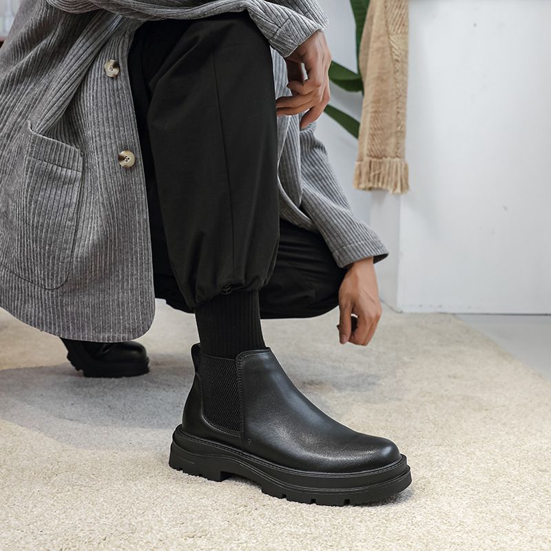Retro Tooling Boots Thick-soled Heightened Lazy Foot-covering Martin Boots Genuine Leather Chelsea Short Boots_voghion.com
