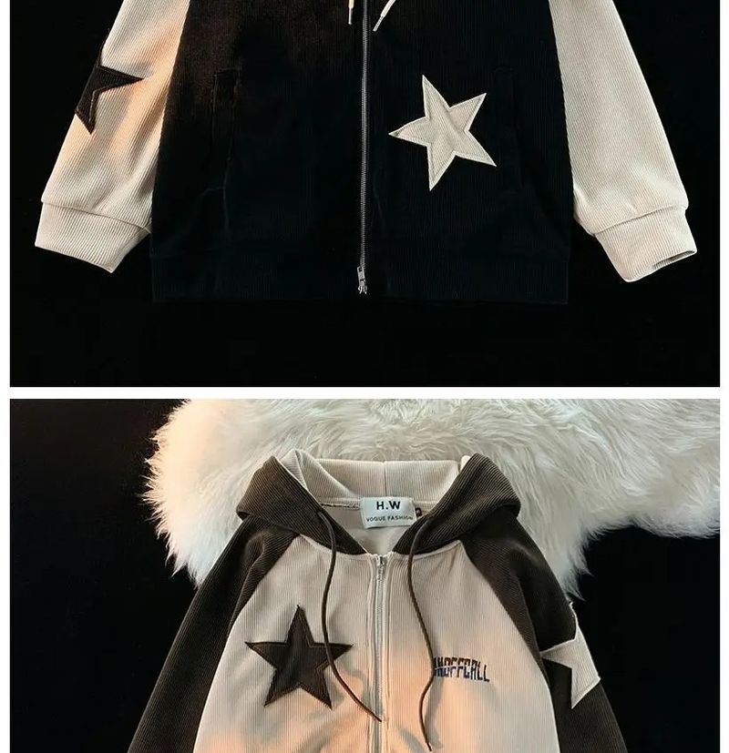 Giacca unisex Y2K con cappuccio e cerniera patchwork a stelle in velluto a coste retrò da uomo e da donna, colore nero/marrone (taglie dalla M alla XXL)_voghion.com