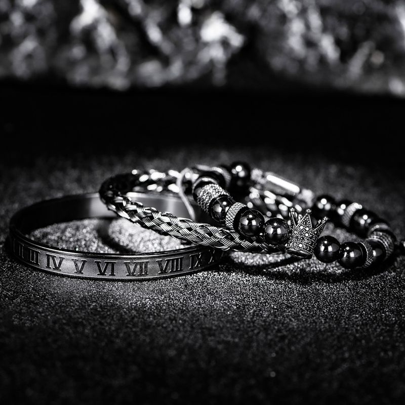Men's Jewelry Crown & Tiger Eye Beaded Bracelet Set - Stainless Steel Micro-Pave Diamond Accent Hand Chain For Trendy Style Hand Jewelry_voghion.com
