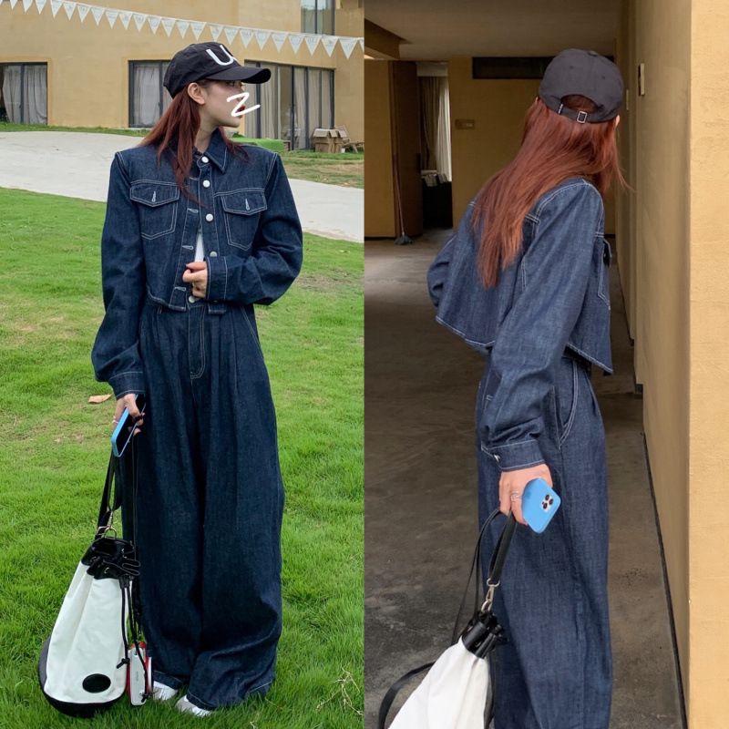 Audday 2024 Autumn Turn-Down Collar Topstitched Denim Shirt + High-Waisted Loose Slimming Floor-Length Jeans Women's Set_voghion.com