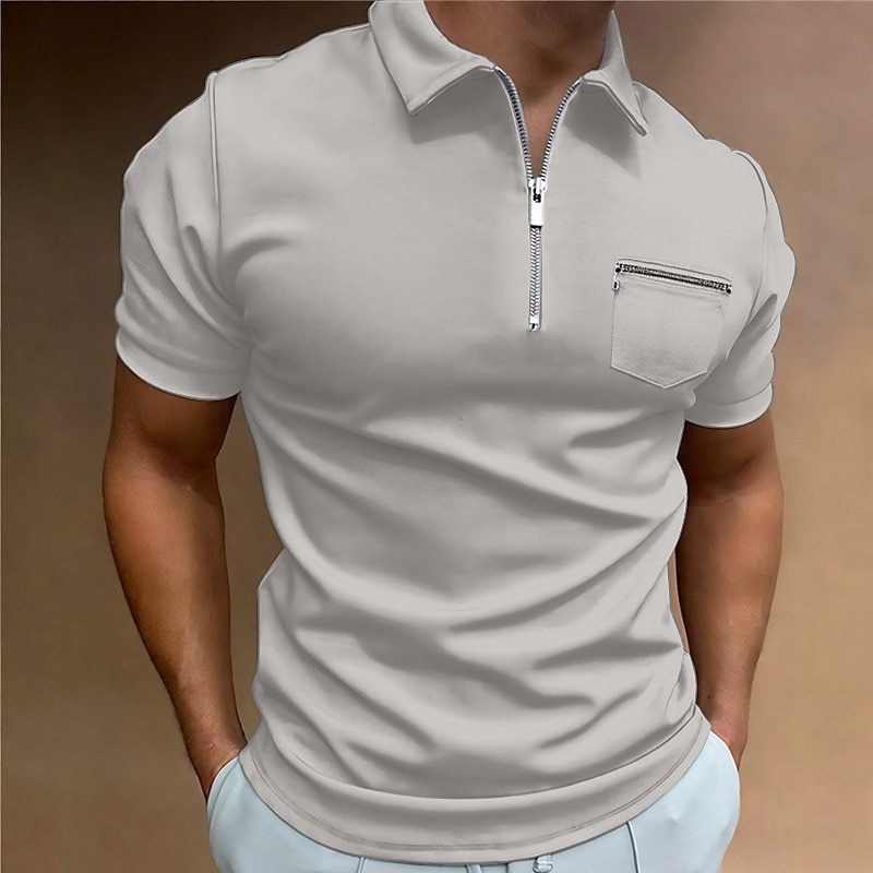 001 2023 Camisa polo de verano para hombre, color sólido, bolsillo, manga corta, cuello vuelto, camiseta informal, corte europeo y americano_voghion.com