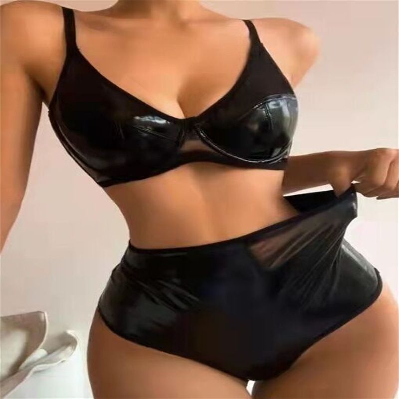 Lingerie divertente, vestibilità attillata, tuta con cavallo aperto a specchio, pelle verniciata PU, abito in pelle lucida_voghion.com