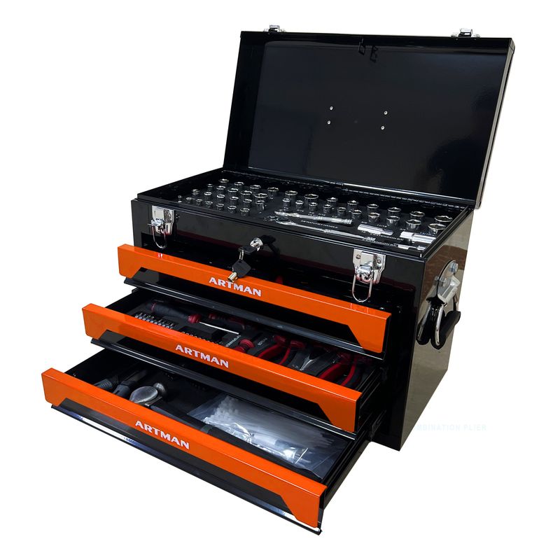 20'' Portable 3-Drawer Steel Toolbox, 4 Layers Of Tools With Metal Latches, With Top Storage Tray And Carrying Handle, Multi-Function Tool Storage For Garage, Home, Or Workbench ,Black&Orange_voghion.com