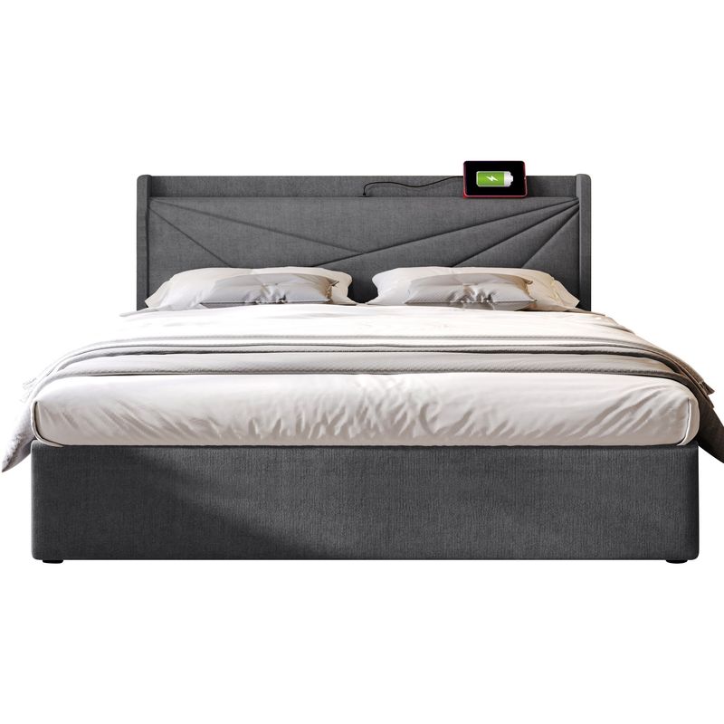 Lit double avec chargement USB Type-C, lit coffre avec sommier à lattes, tête de lit capitonnée en lin, matelas pour jeunes 160 x 200 cm (matelas non inclus)_voghion.com