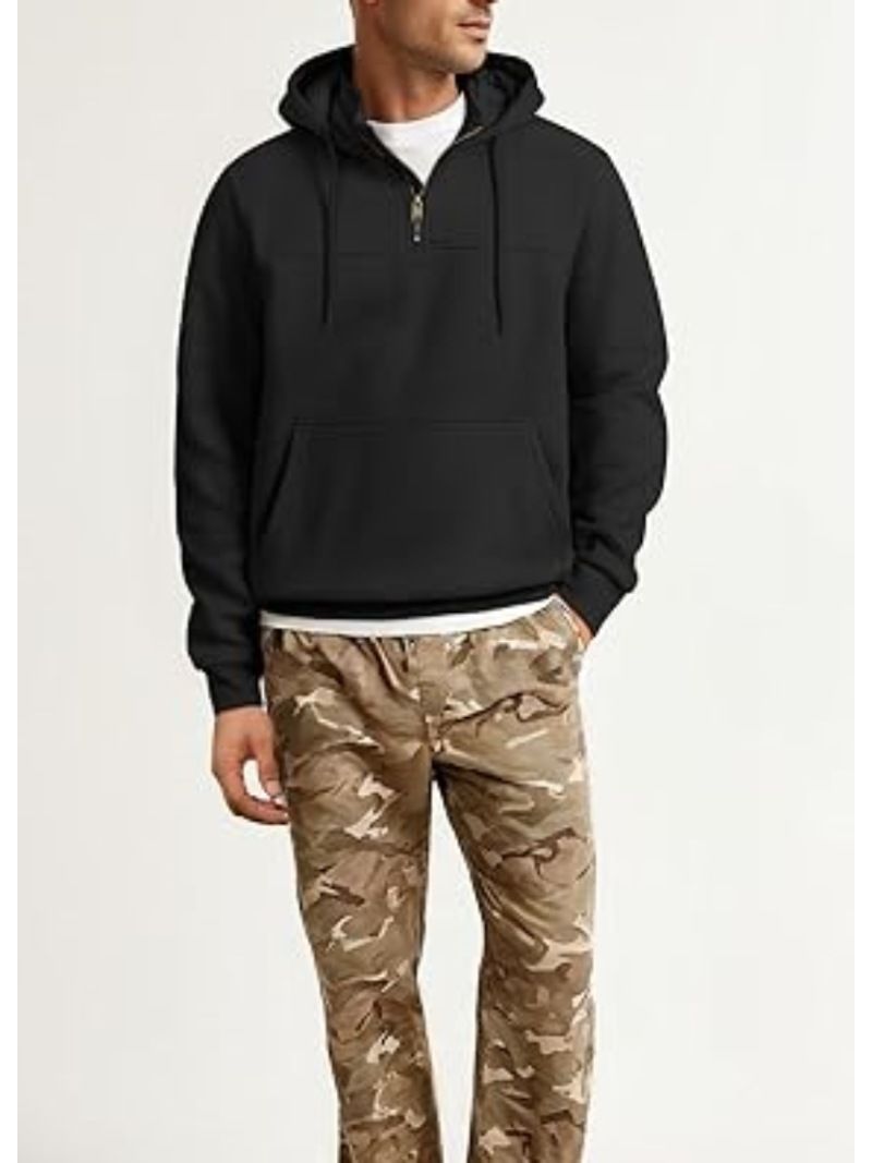 Herren-Fleece-Kapuzenpullover mit halbem Reißverschluss – Locker sitzendes Sweatshirt im amerikanischen Retro-Stil mit Stehkragen (S-XXXL, Kängurutasche, einfarbig)_voghion.com