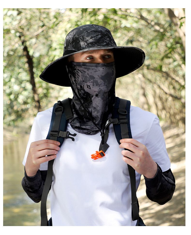 Conjunto de máscara facial com proteção UV e chapéu de aba larga - Capa de pescoço de seda gelada refrescante com mangas de braço (proteção solar FPS 50+ para homens)_voghion.com