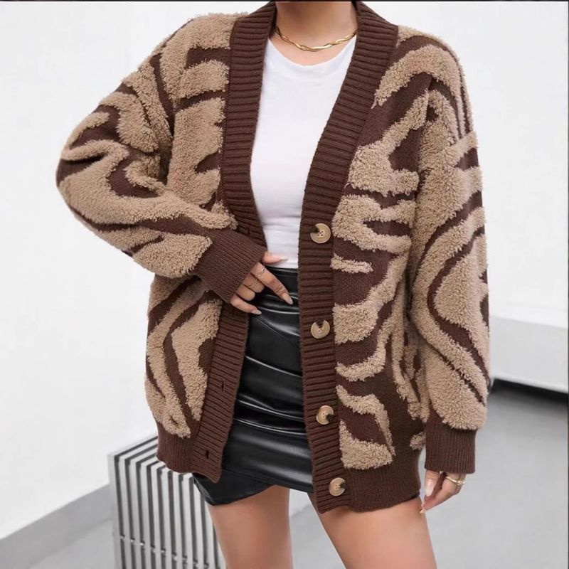 Women's Loose Fit Leopard Print Cardigan - Soft Knit V-Neck Long Sleeve Open Front Sweater For Casual & Office Wear (Beige, S/M/L/XL)_voghion.com