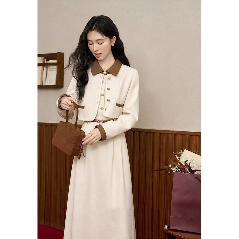 Apricot Waist-Cinching Long Dress + Short Blazer Fashion 2024 Autumn Simple Elegant Two-Piece Set_voghion.com